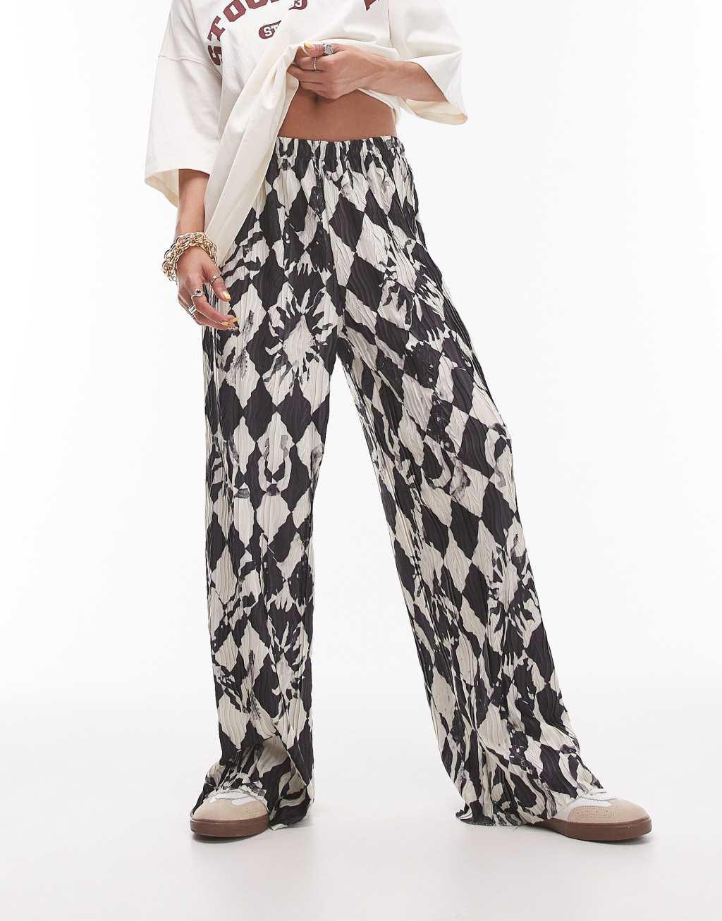 Topshop checkerboard crinkle plisse wide leg pants in mono Product Image