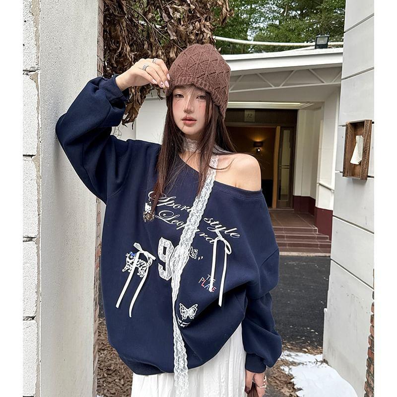 Long Sleeve Cold-Shoulder Lettering Print Lace Panel Loose-Fit Sweatshirt Product Image