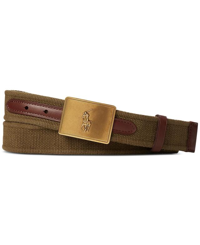 Polo Ralph Lauren Mens Pony Plaque Canvas & Leather Belt - Canopy Olive Product Image