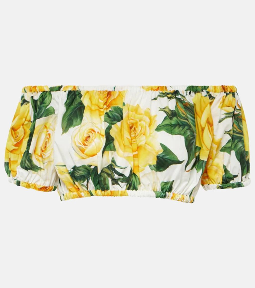 DOLCE & GABBANA Cotton Poplin Off Shoulder Crop Top In Yellow,white Product Image