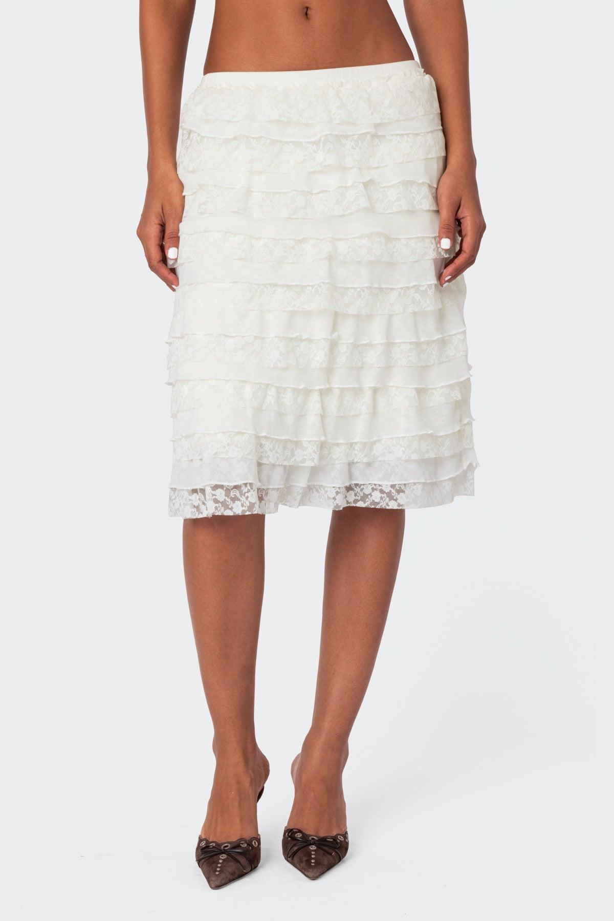 Louise Lace And Mesh Ruffle Midi Skirt Product Image