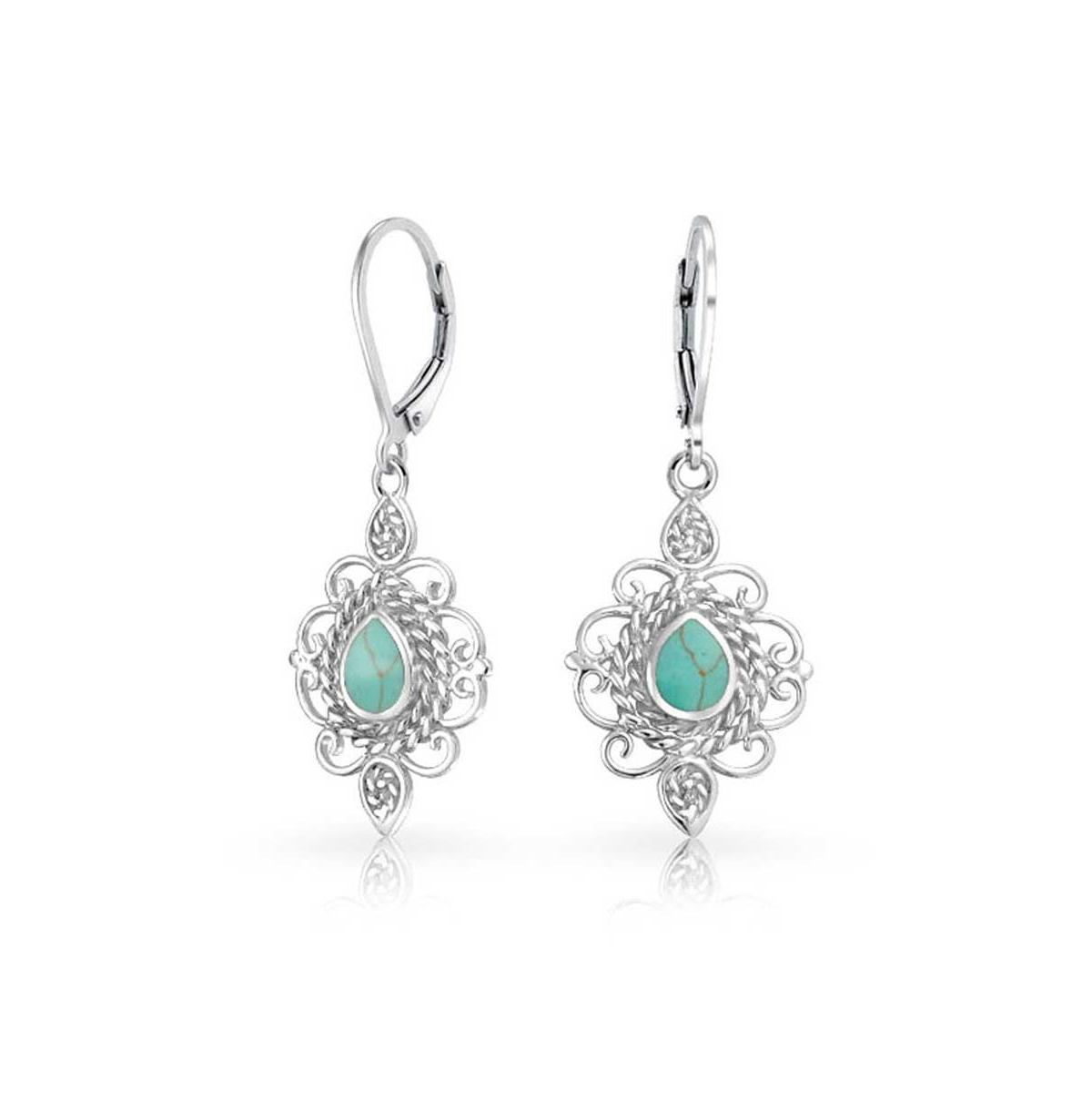 Filigree Gemstone Teardrop Turquoise Lever Back Dangle Earrings Western Style For Women Teens .925 Sterling Silver Product Image