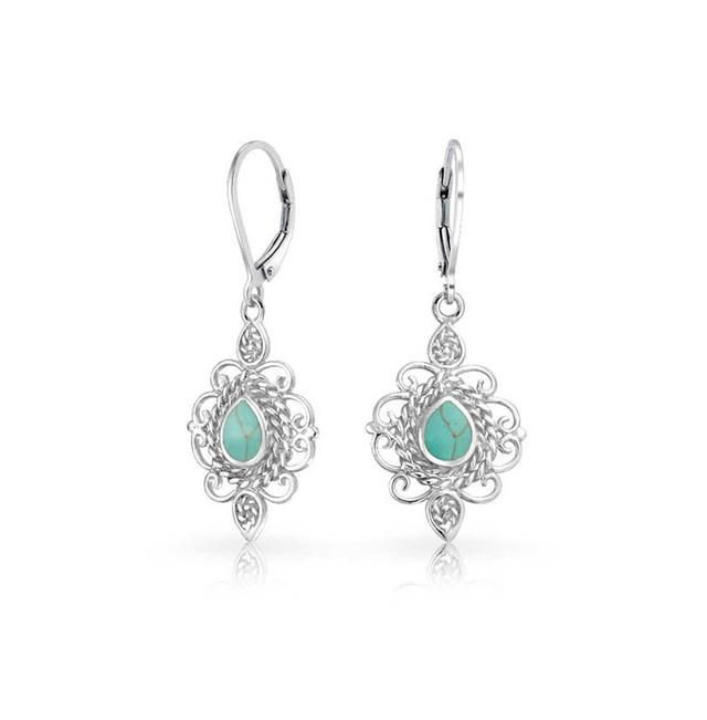 Filigree Gemstone Teardrop Turquoise Lever Back Dangle Earrings Western Style For Women Teens .925 Sterling Silver Product Image