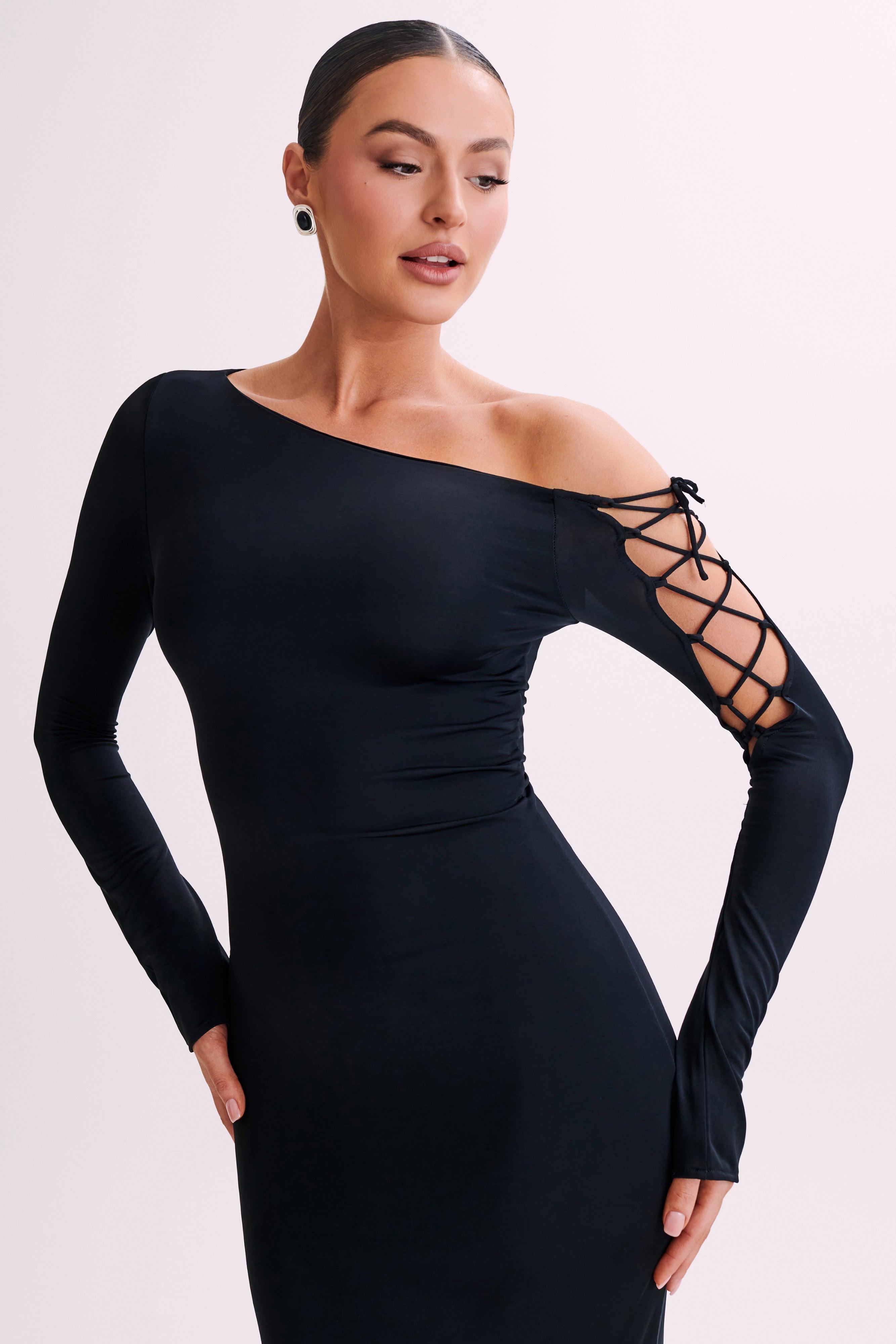 Gabby Tie Sleeve Slinky Maxi Dress - Black Product Image