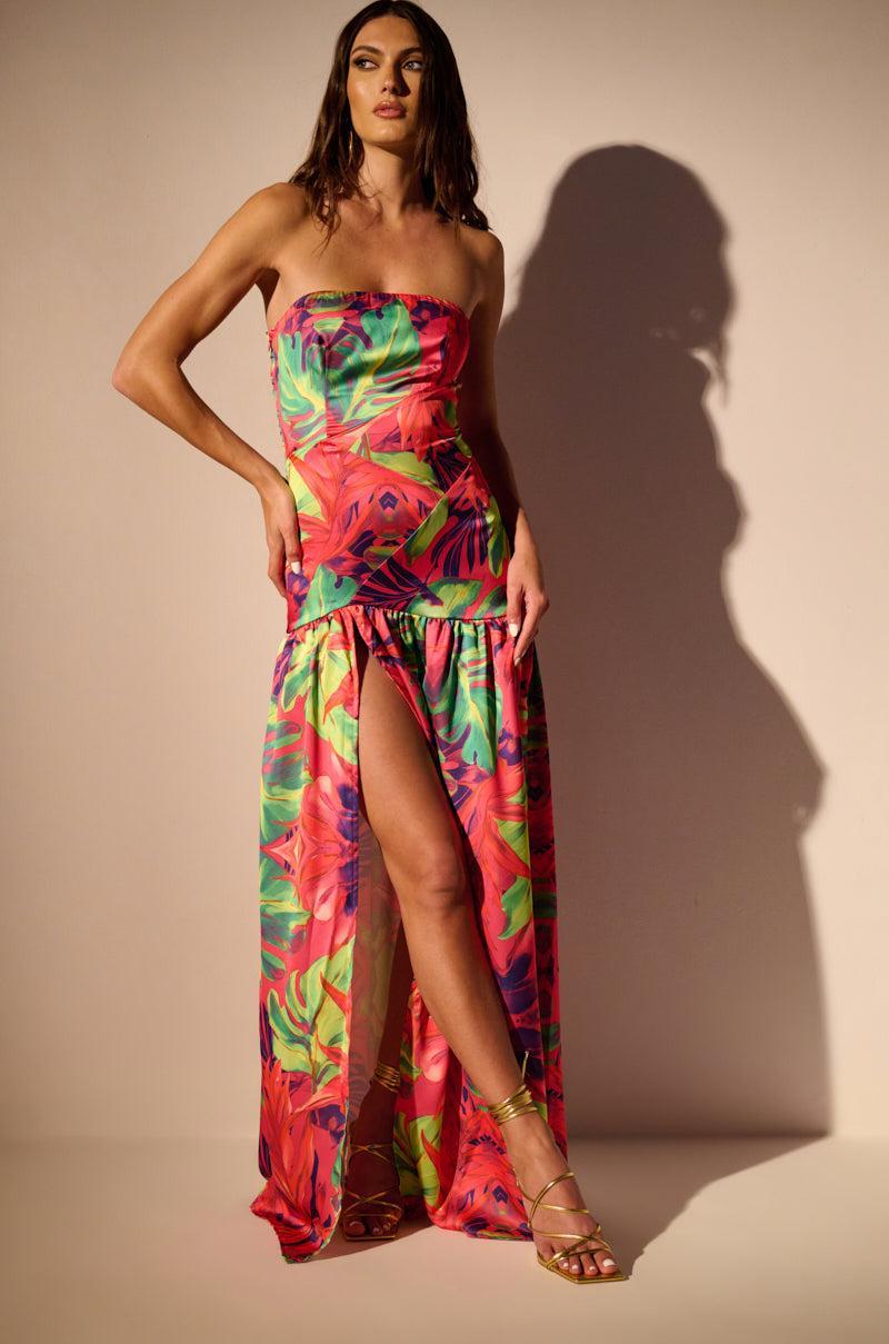 TROPICAL GETAWAY SATIN PRINTED MAXI DRESS Product Image