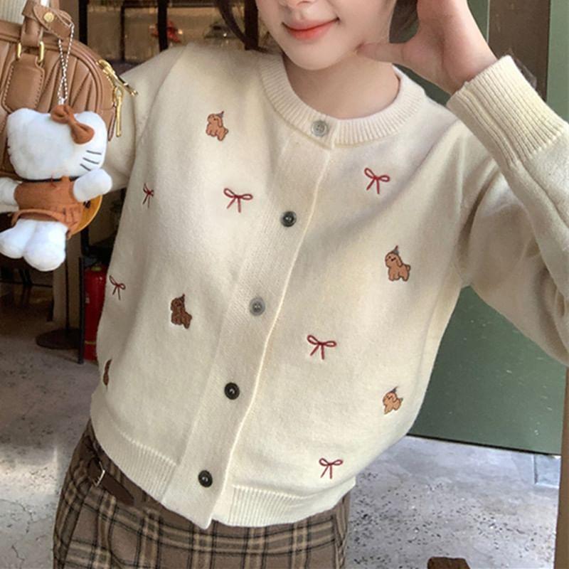 Crew Neck Bow Embroidered Button Cardigan Product Image