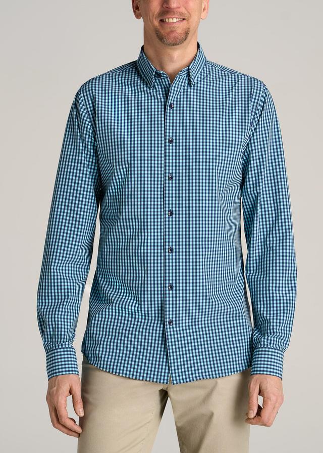 Traveler Stretch Dress Shirt for Tall Men in Teal Gingham Product Image