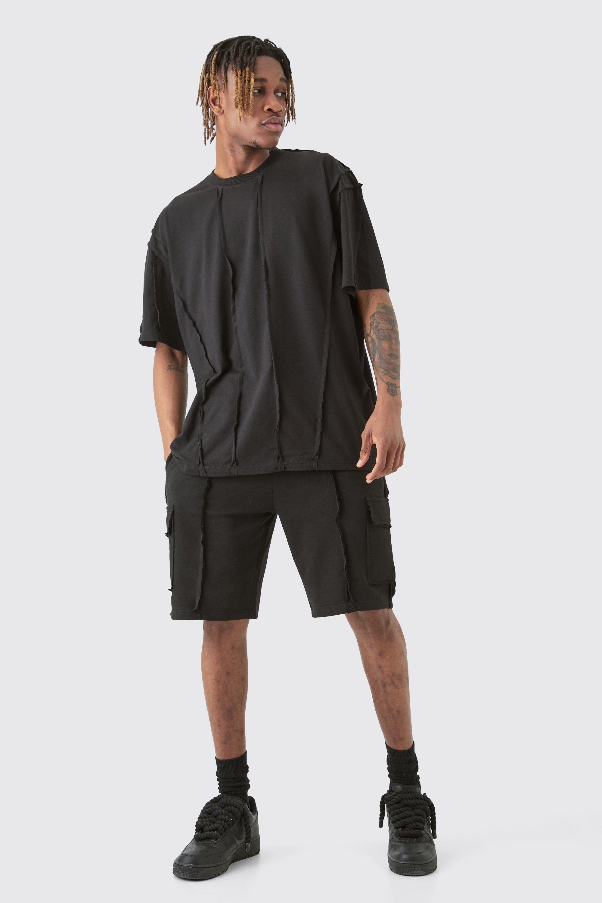 Tall Oversized Raw Interlock Seam T-shirt & Cargo Short Set | boohooMAN USA Product Image