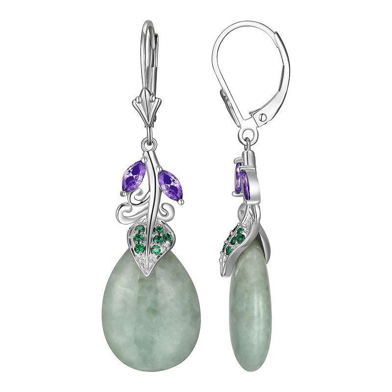 Dynasty Jade Rhodium-Plated Sterling Silver Jade & Cubic Zirconia Leverback Drop Earrings, Womens Product Image