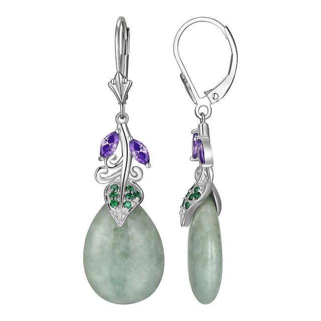 Dynasty Jade Rhodium-Plated Sterling Silver Jade & Cubic Zirconia Leverback Drop Earrings, Womens Product Image