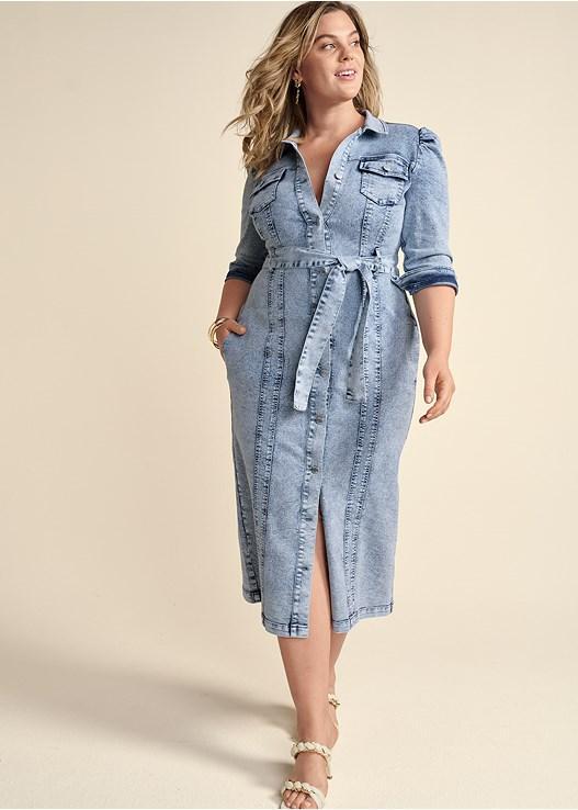 Tie-Waist Denim Midi Dress Product Image