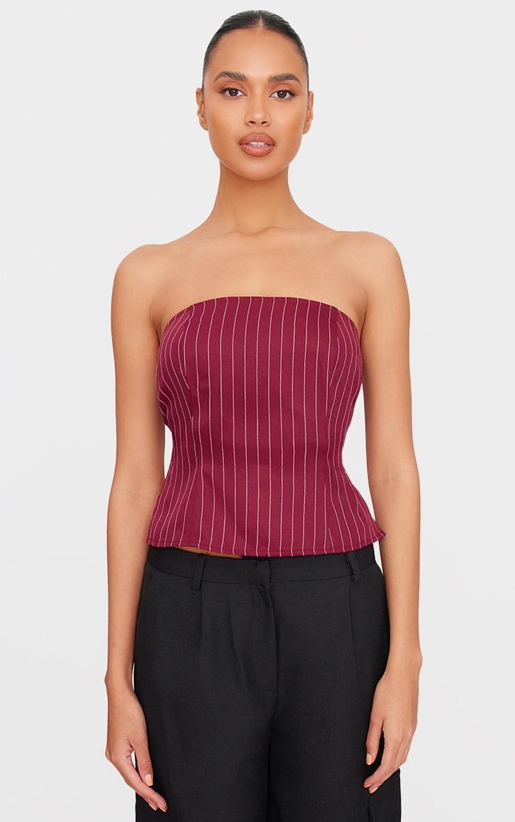 Burgundy Pinstripe Backless Belt Long Top Product Image