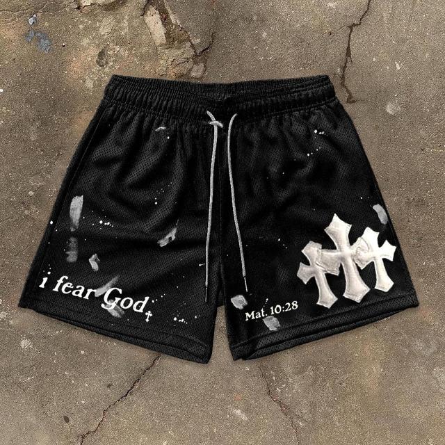 Sopula I Fear God Cross Graphic Casual Street Mesh Shorts Product Image