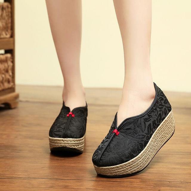 Platform Flower Embroidered Slip Ons Product Image