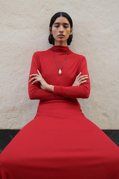 Draped Mock Turtleneck Dress Product Image