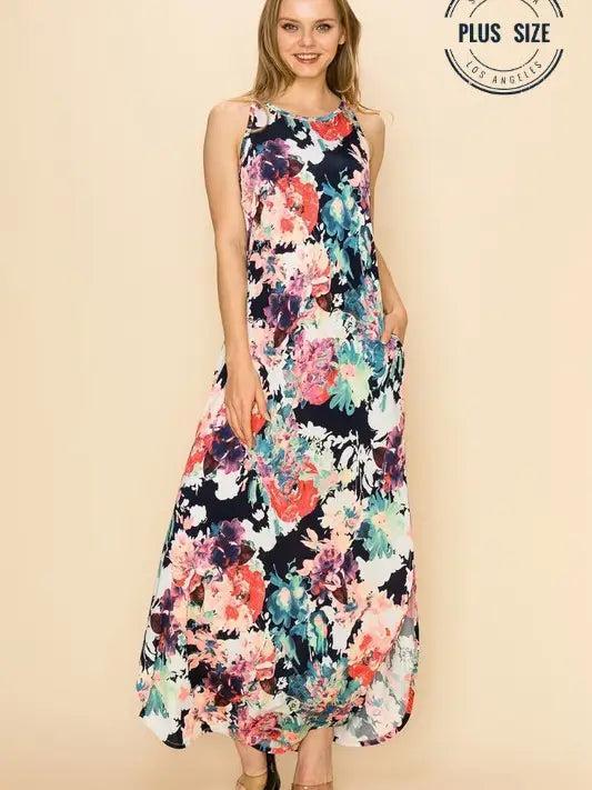 Plus Size Floral Sleeveless Maxi Dress with Pockets Female Product Image