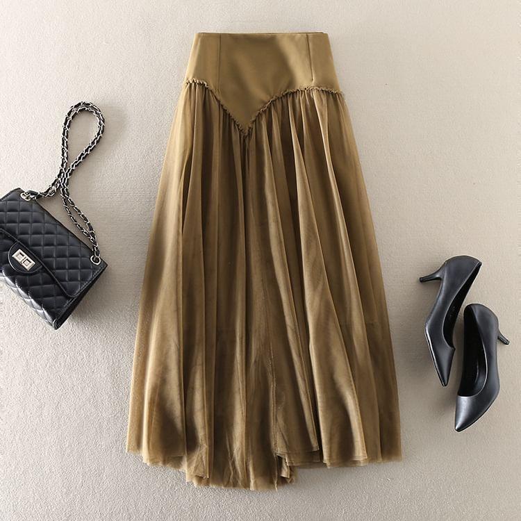 High Waist Plain Gathered Panel Mesh Maxi A-Line Skirt Product Image