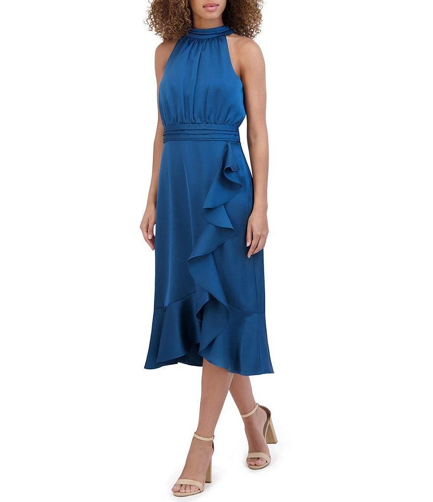 Kensie Chiffon Halter Neck Sleeveless Wrap Cascading Ruffle Trim Midi Dress Product Image