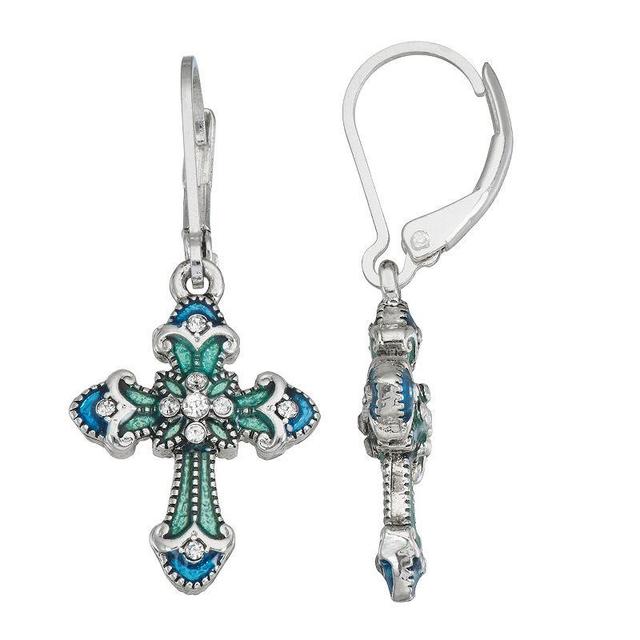 Napier Silver Tone Blue Enameled Cross Drop Earrings, Womens Product Image