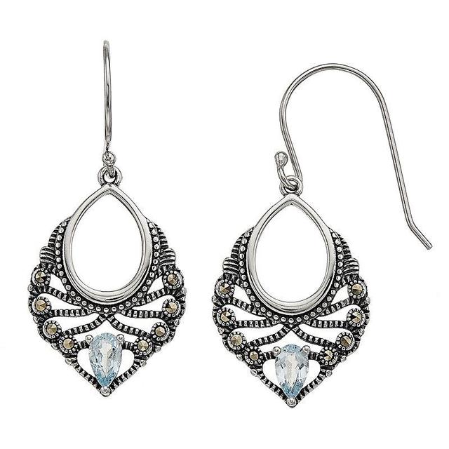 Tori Hill Sterling Silver Blue Topaz & Marcasite Pear-Shaped Earrings, Womens Product Image