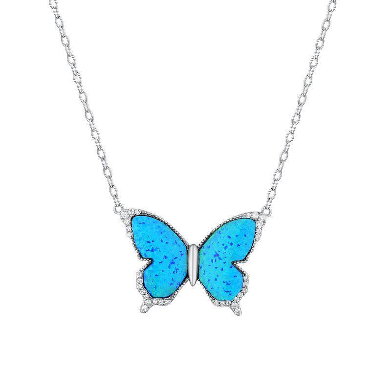 Sterling Silver Lab-Created Blue Opal & Cubic Zirconia Butterfly Necklace, Womens Product Image