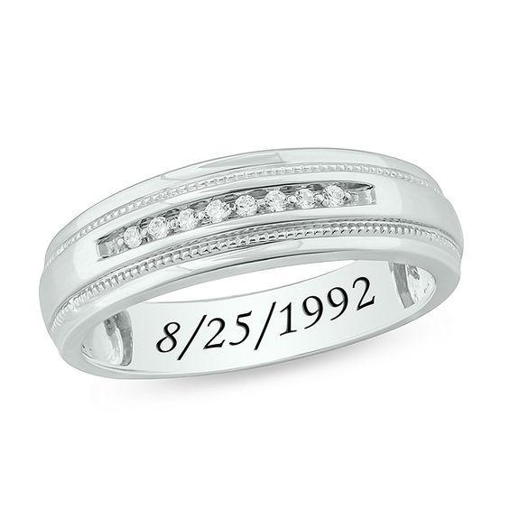 Men's 1/15 CT. T.w. Diamond Milgrain Stepped Edge Engravable Wedding Band in Sterling Silver (1 Line) Product Image