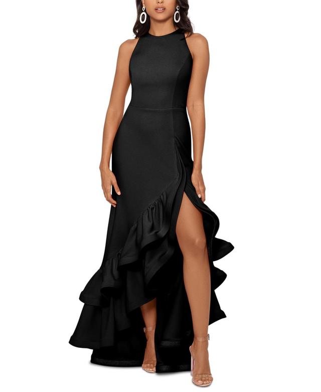 Betsy & Adam Ruffle Halter Crepe Gown Product Image