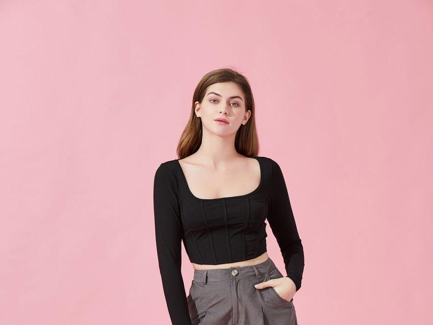 Eco-Friendly Long-Sleeve Square-Neck Crop Top Product Image