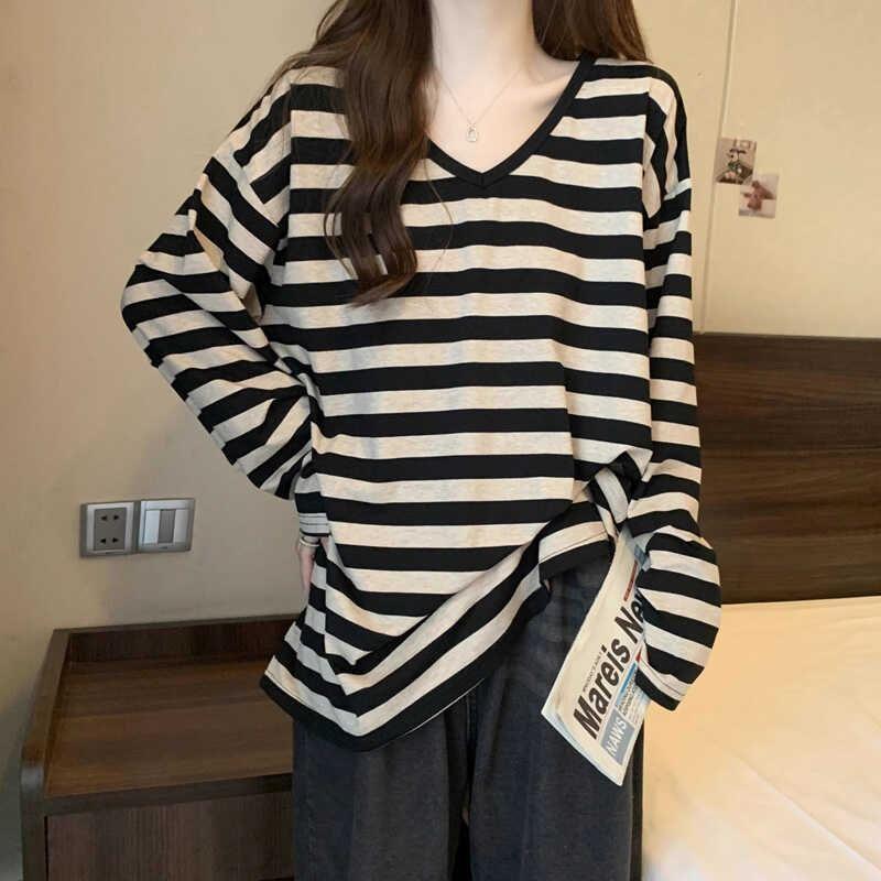 Long-Sleeve V-Neck Striped Tee Product Image