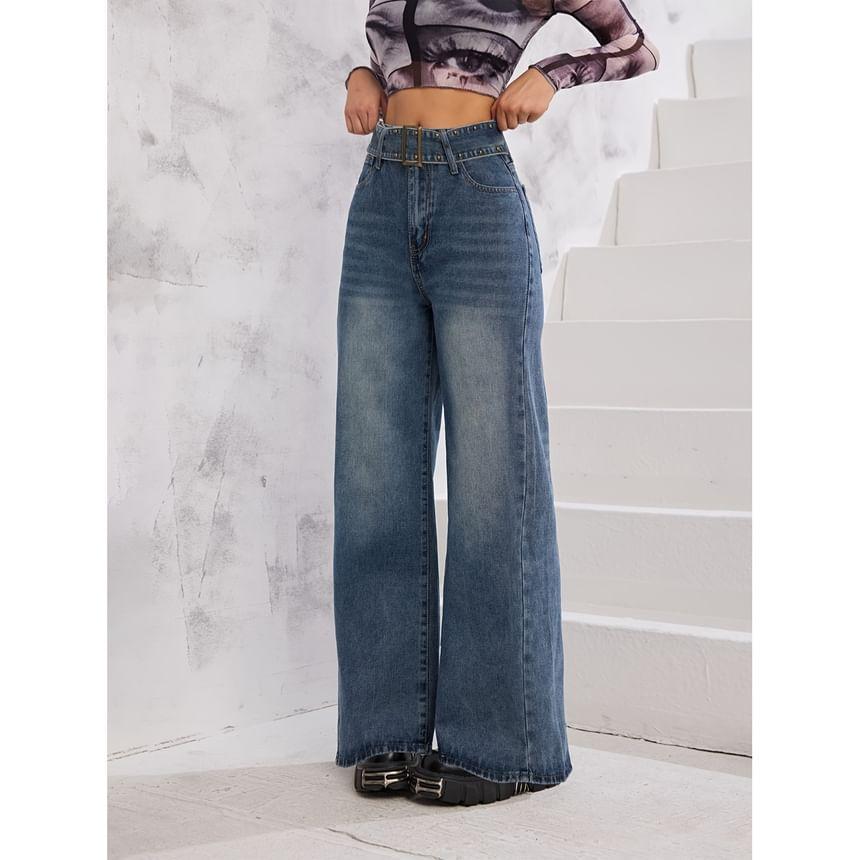 High Waist Washed Wide Leg Jeans Product Image