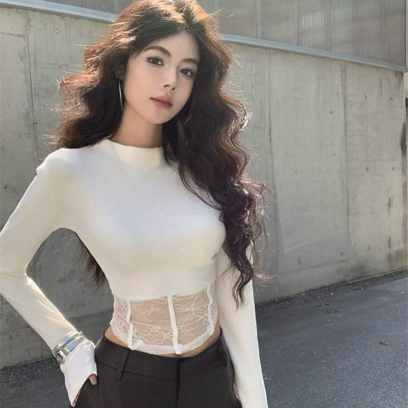 Long Sleeve Mock Neck Plain Lace Trim Cropped Top Product Image