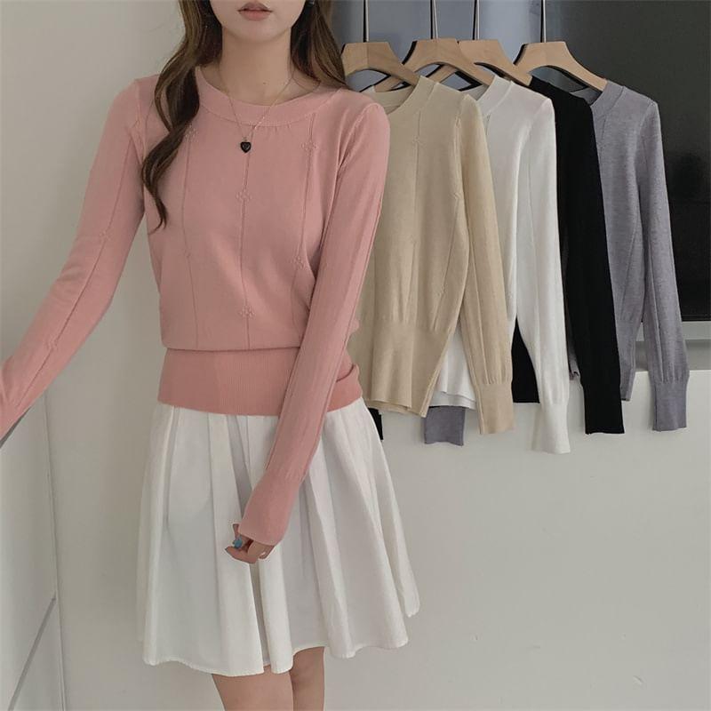 Long-Sleeve Crew Neck Plain Knit Top Product Image