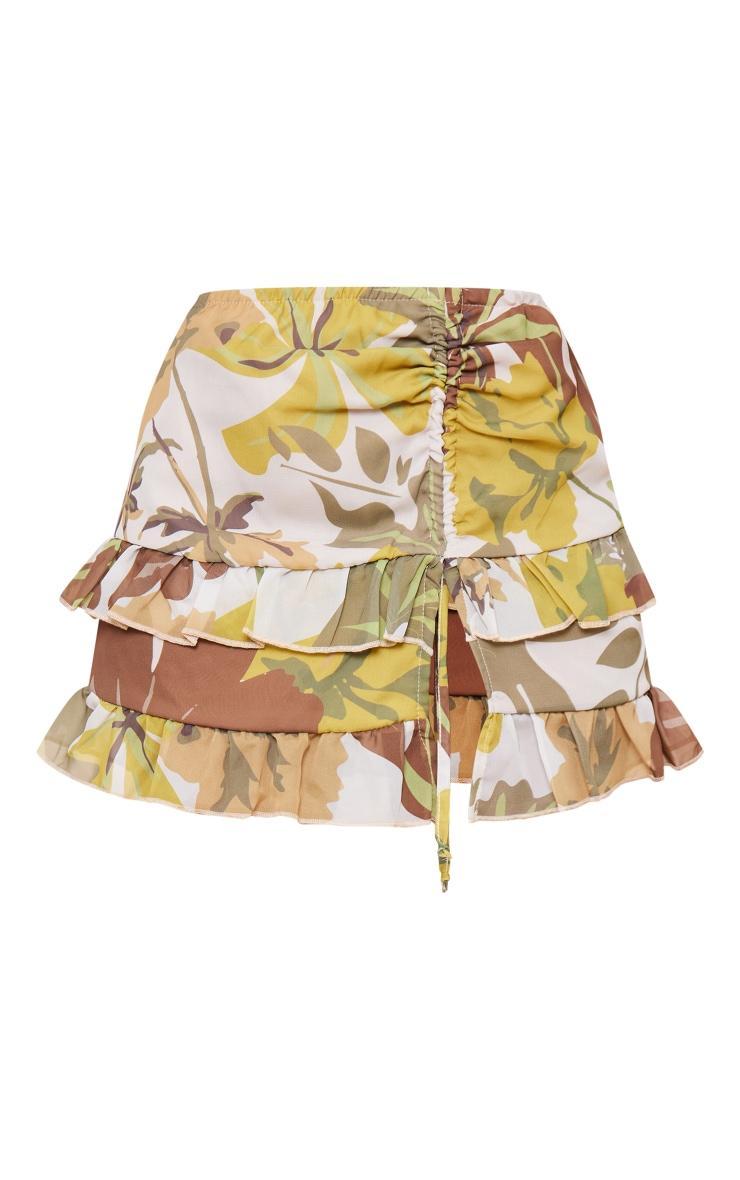 Green Floral Printed Woven Tie Side Frill Mini Skirt Product Image