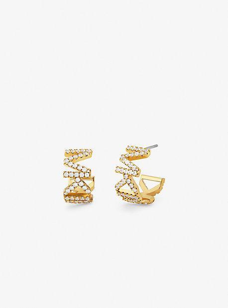 14K -Plated Brass Pavé Logo Small Hoop Earrings Product Image