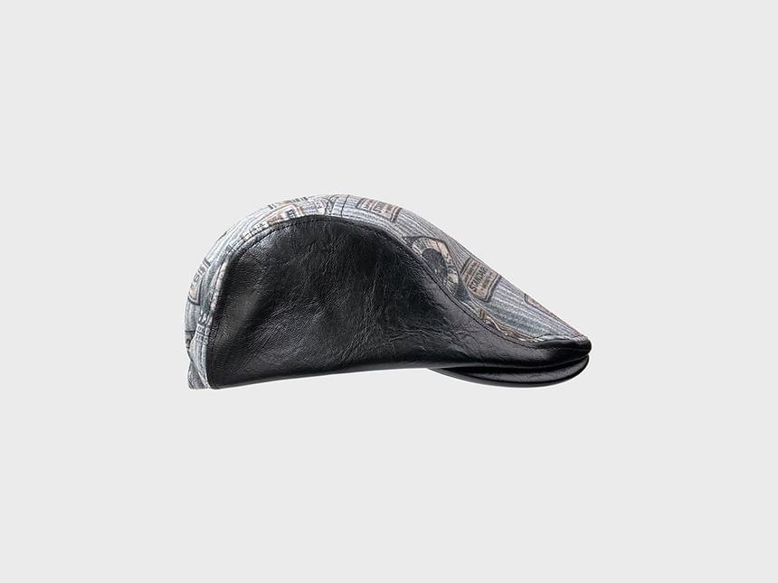 Patterned Print Panel Faux Leather Flat Cap Product Image