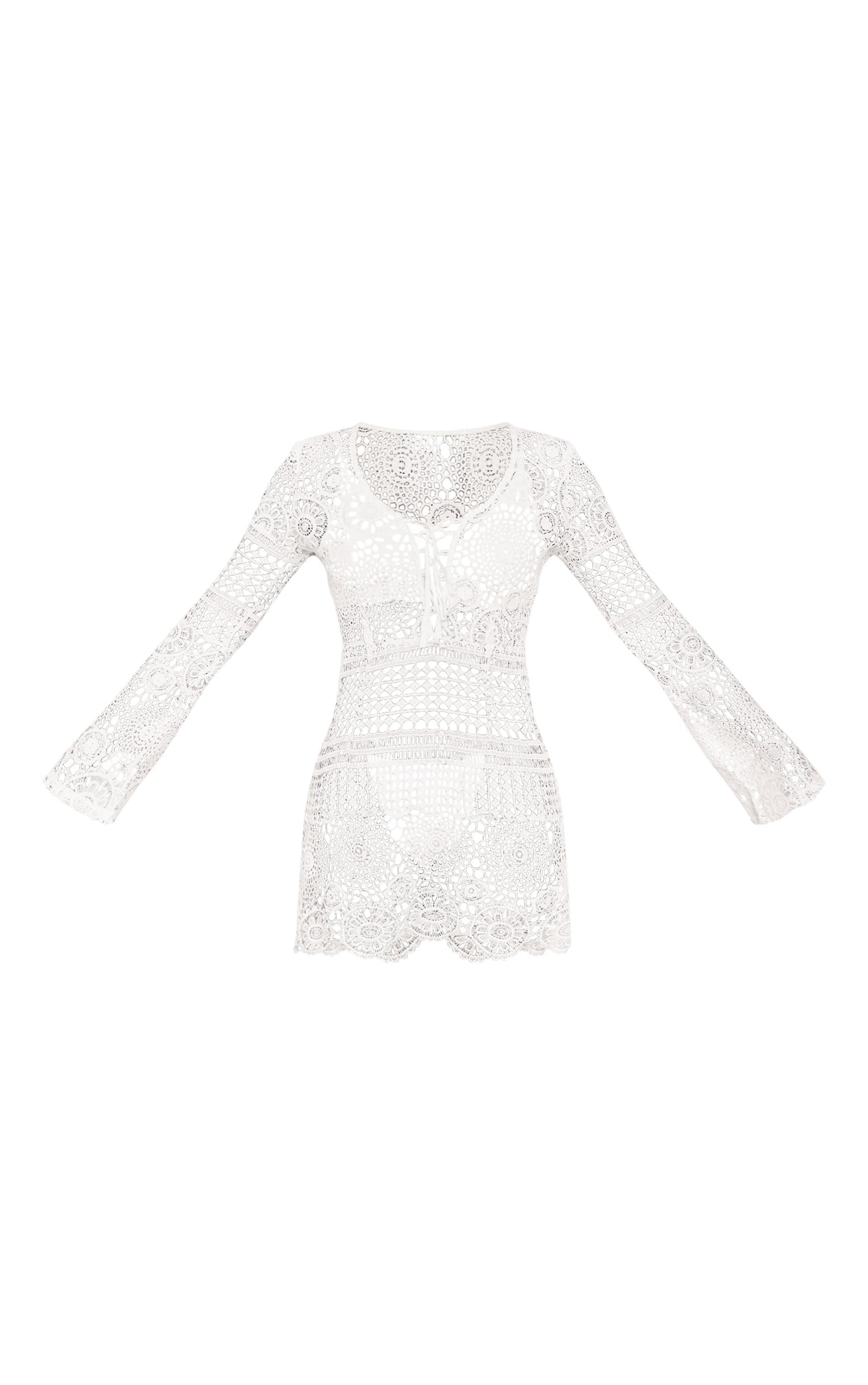 White Tie Front Flare Sleeve Crochet Lace Bodycon Dress Product Image