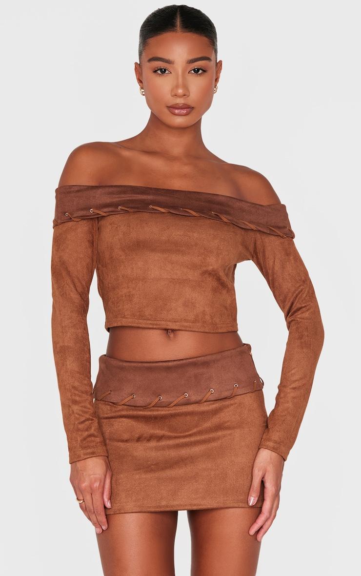 Brown Faux Suede Contrast Fold Over Stitch Detail Mini Skirt Product Image