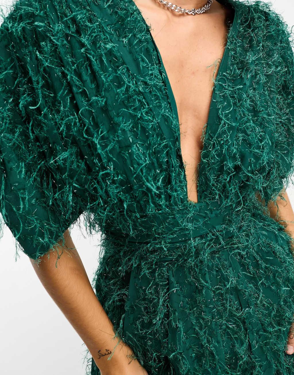 ASOS DESIGN fluffy plunge jumpsuit in green metallic Product Image