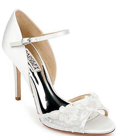 Badgley Mischka Carter Satin Flower Beaded Peep Toe dOrsay Ankle Strap Pumps Product Image