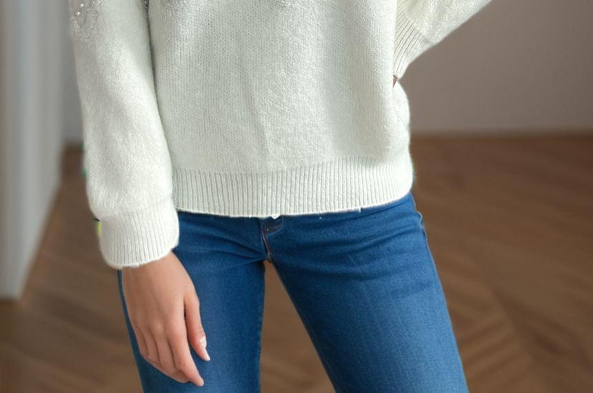 Crew Neck Plain Faux Pearl Accent Sweater Product Image