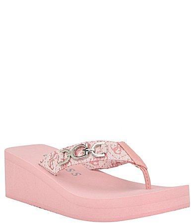 Guess Edany Logo Print Platform Wedge Thong Sandals Product Image