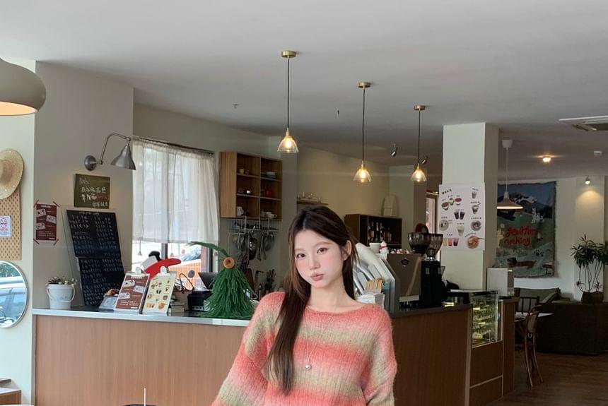 Off Shoulder Striped Oversized Sweater / Mid Rise Plain Maxi A-Line Skirt Product Image