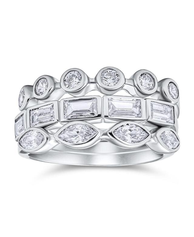 Bling Jewelry 3 Set Geometric Cubic Zirconia Baguette Marquise Round Cz Stackable Wedding Band Ring Set For Women .925 Sterling Silver Product Image