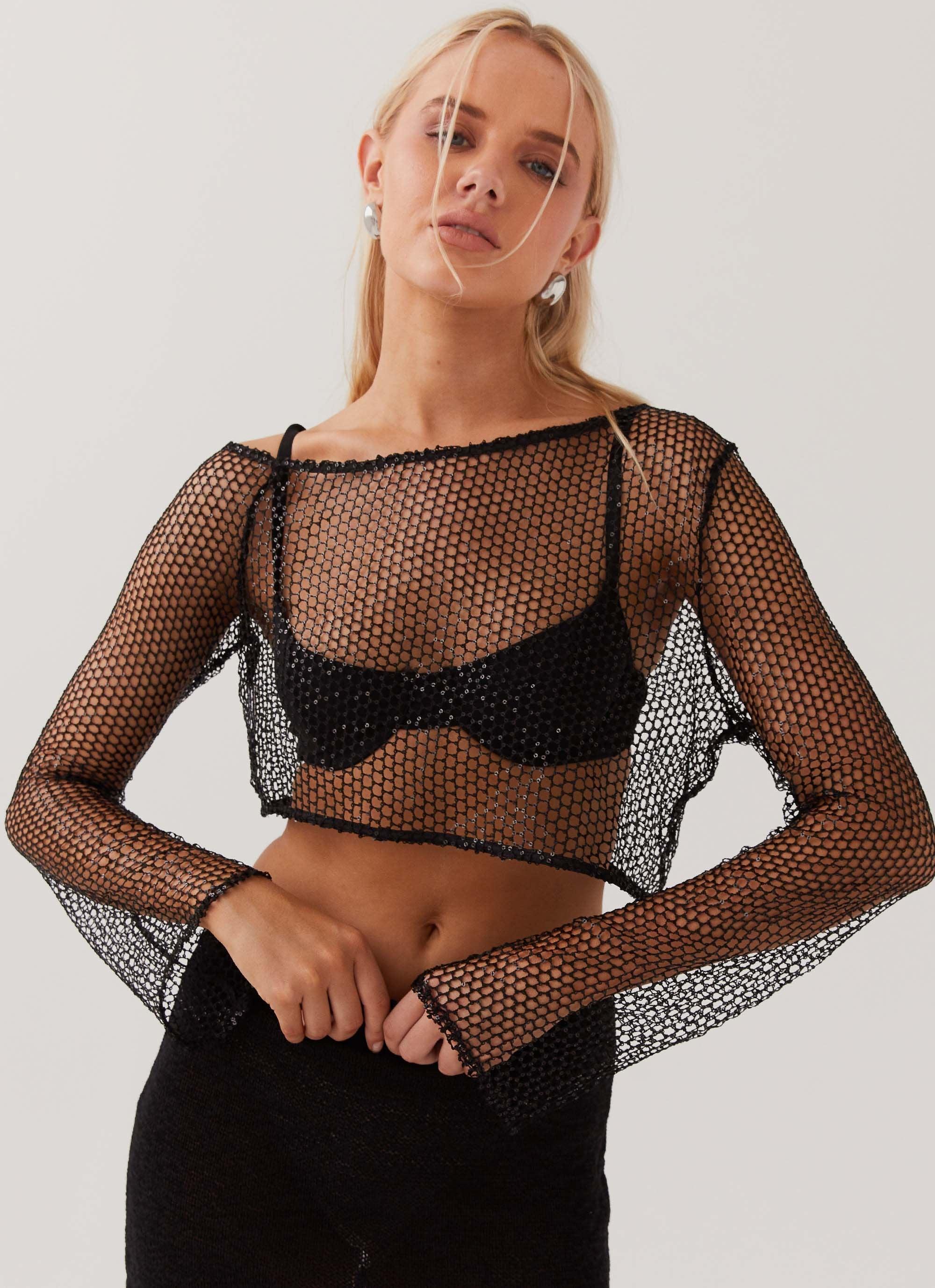 Zali Sequin One Shoulder Net Top - Black Product Image