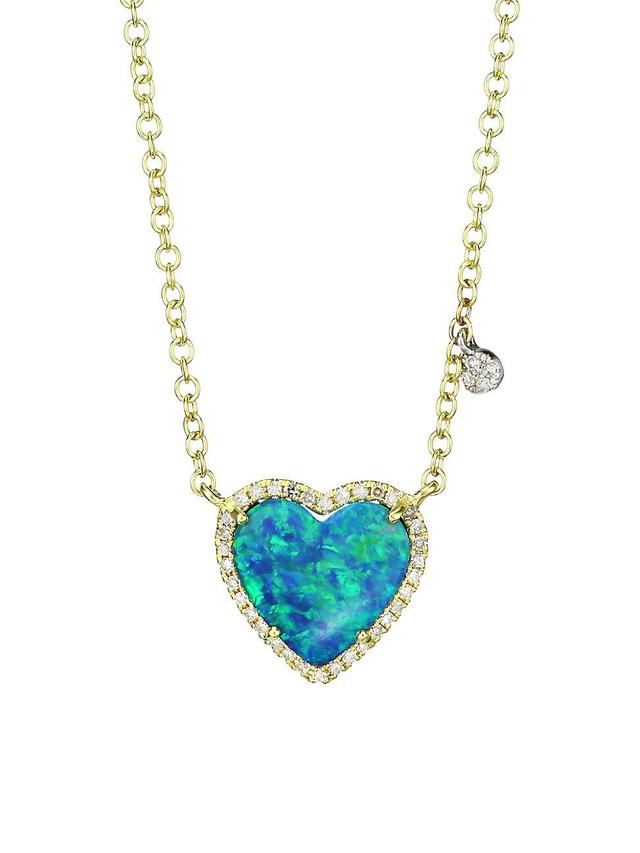 Womens 14K Yellow Gold, Diamond & Opal Heart Pendant Necklace Product Image