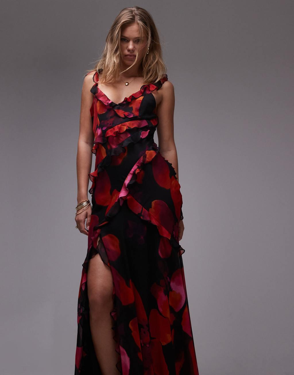 Topshop ruffle cami maxi dress in bold red and pink floral Product Image