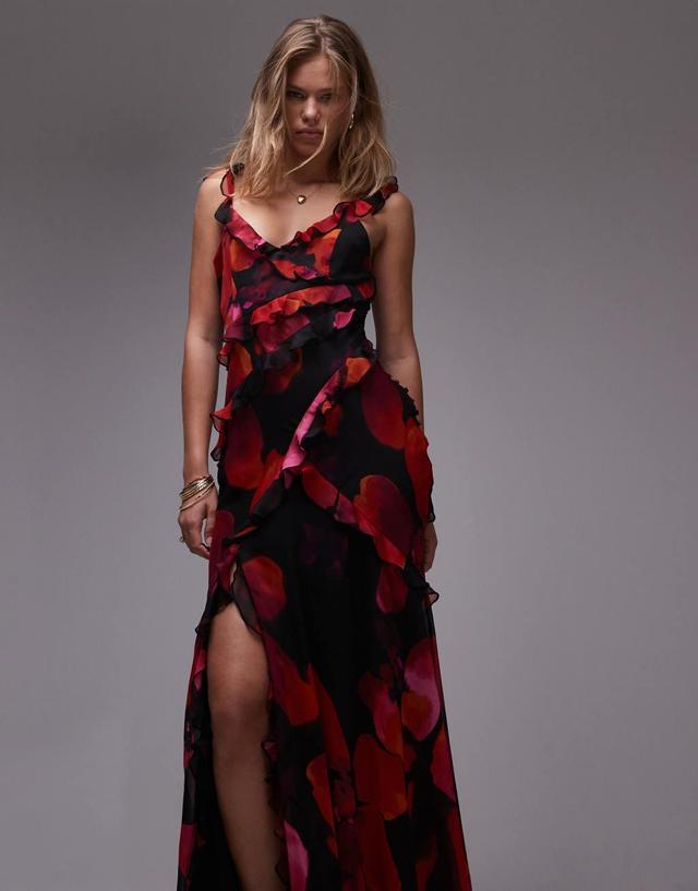 Topshop ruffle cami maxi dress in bold red and pink floral Product Image