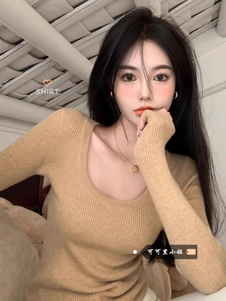 Long Sleeve Scoop Neck Plain Ribbed Knit Top product image