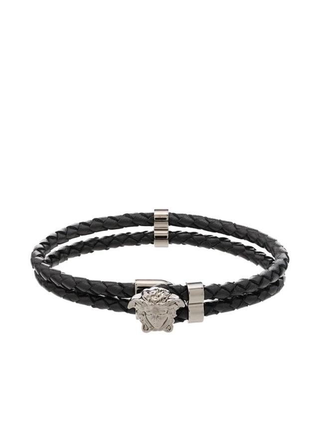 Medusa Logo Double Wire Leather Bracelet In Black Ultra Product Image