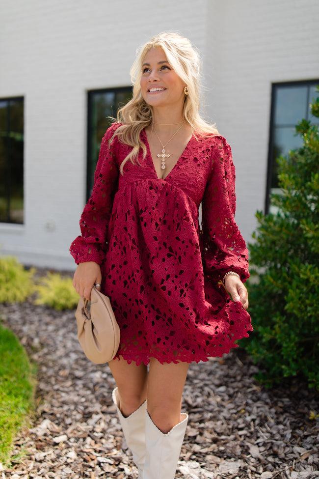 Turning Heads Burgundy Lace Babydoll Mini Dress Product Image